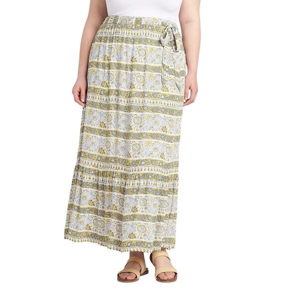 Lane Bryant Tiered Maxi Skirt Jodie Woodblock Yellow Size 18/20 Boho Coastal - Picture 1 of 14